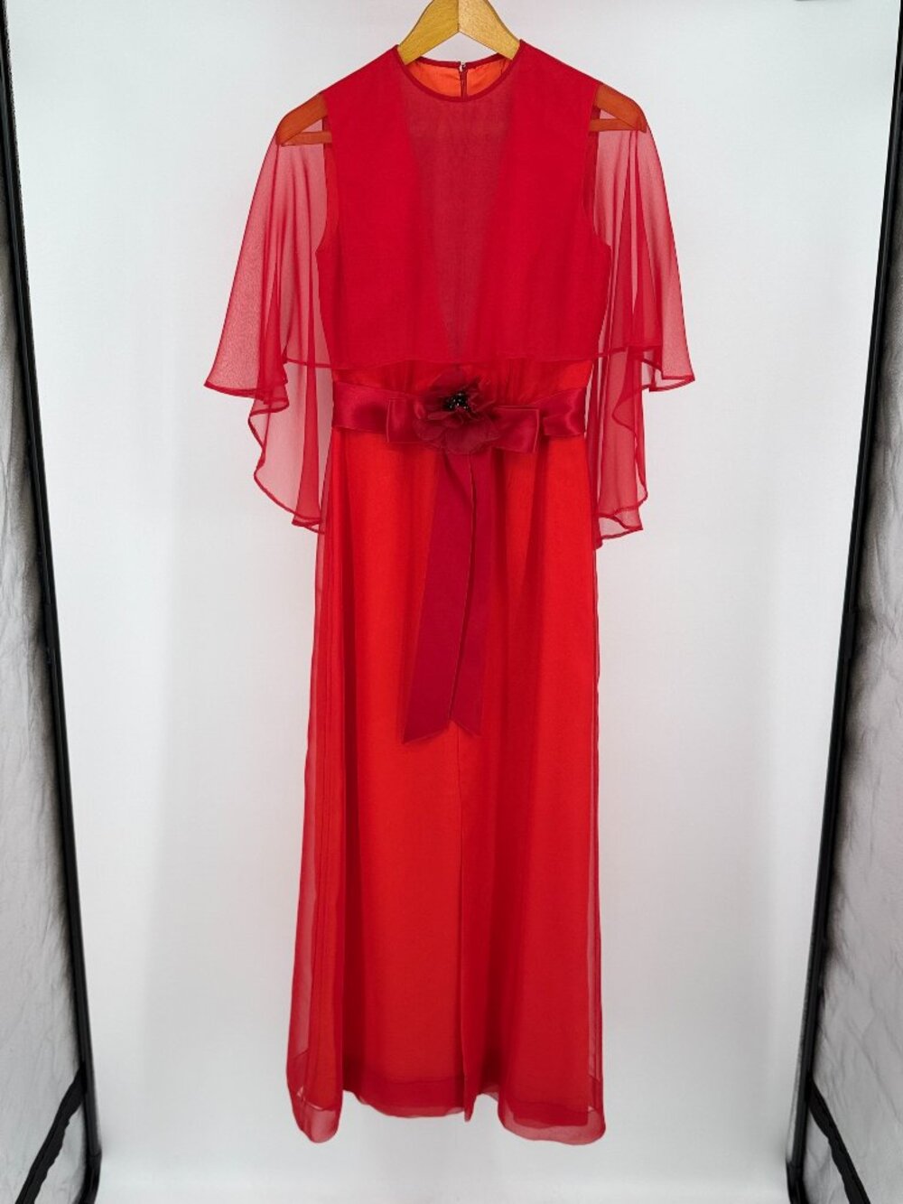 Vintage 70s Red Chiffon Cape Overlay Maxi Dress Belted XS/S